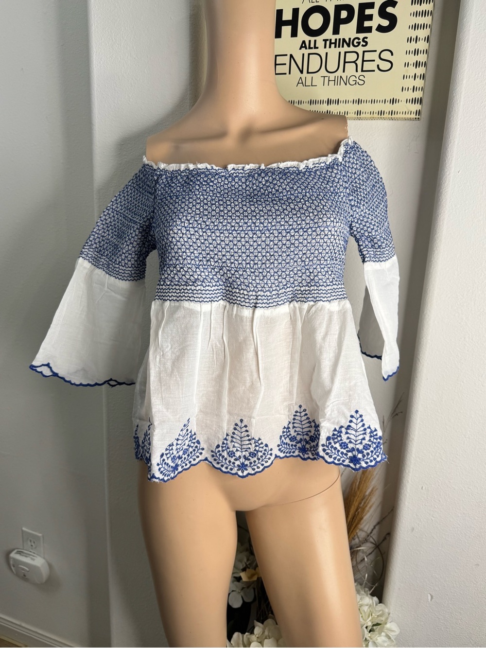 miami Off-Shoulder Blue and White Embroidered Smocked Peasant Top